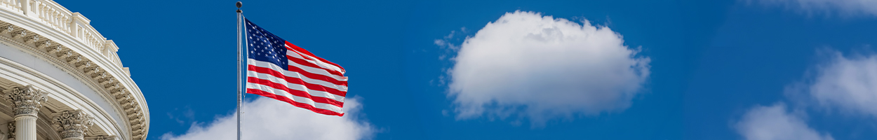 Wide banner image of the U.S. Capitol dome edge and an American flag against a blue sky. Wide banner image of the U.S. Capitol dome edge and an American flag against a blue sky.
